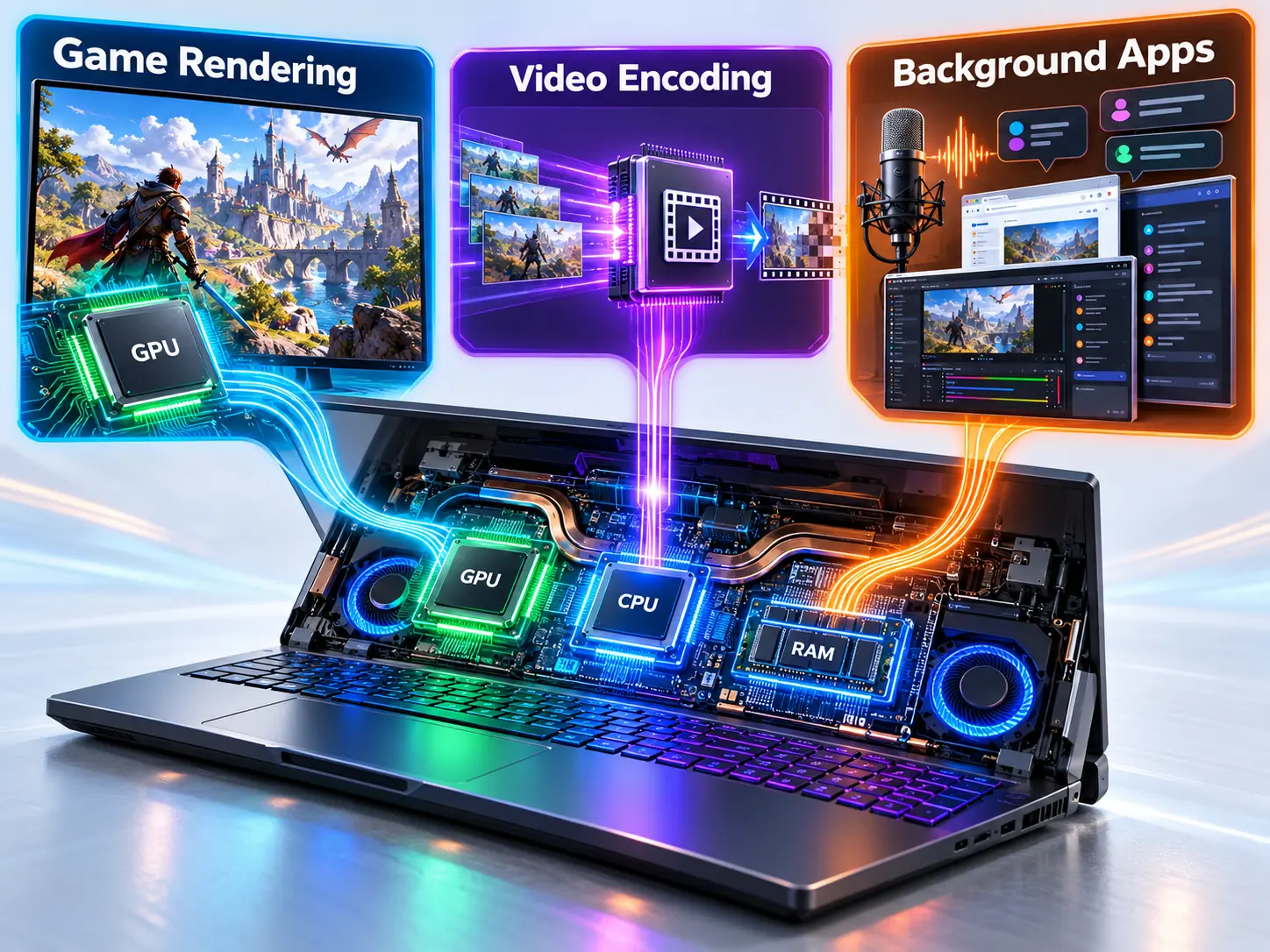 An infographic illustrating the three main laptop workloads during streaming: game rendering on GPU, video encoding on CPU, and background apps using RAM.