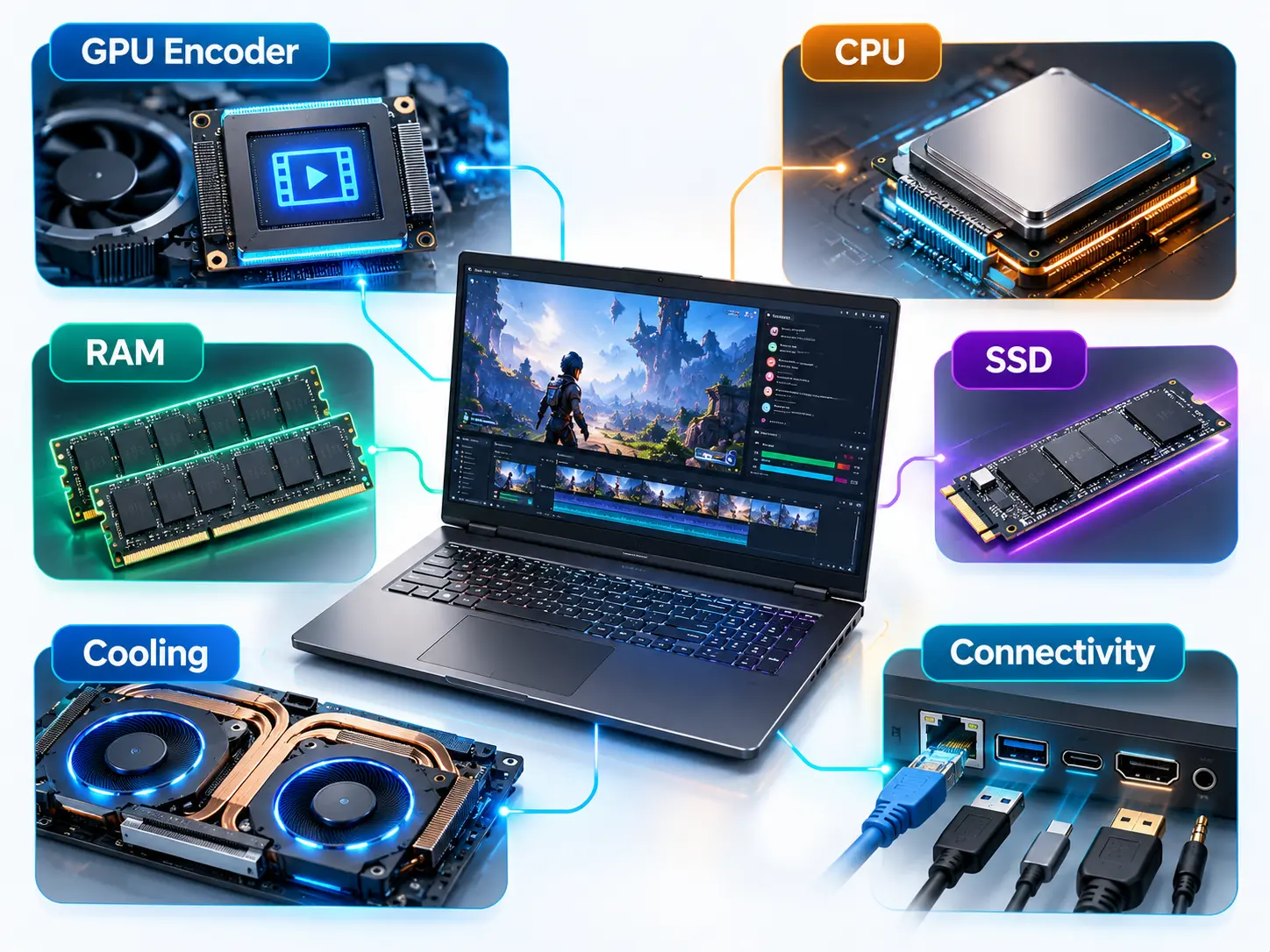 An infographic breaking down the key laptop hardware specs for streaming: GPU encoder, CPU, dual-channel RAM, M.2 SSD, cooling system, and I/O connectivity ports.